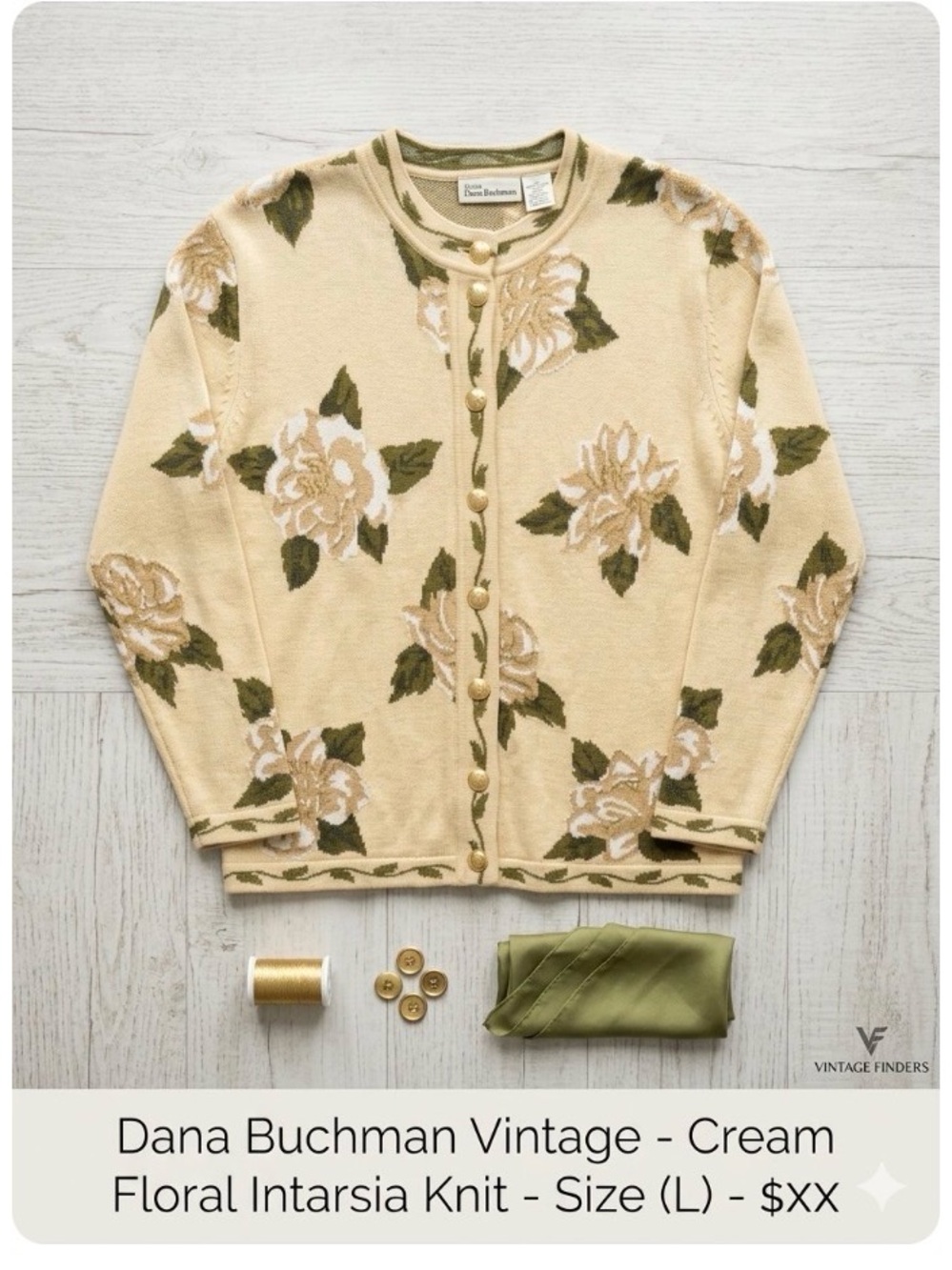 Dana Buchman Cream and Olive Floral Cardigan vintage cardigan